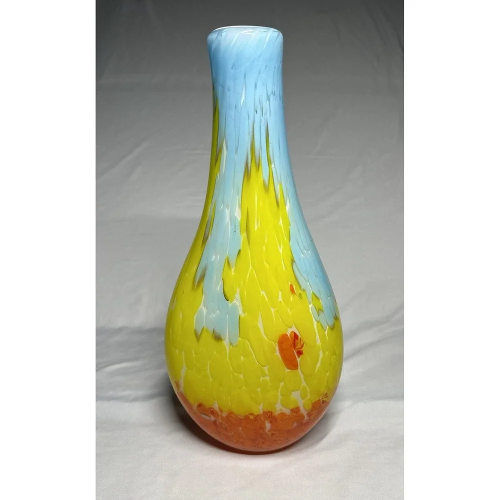 MCM Large Vintage Italian Art Glass Vase blue Yellow‎ Orange Fire & Water flame
